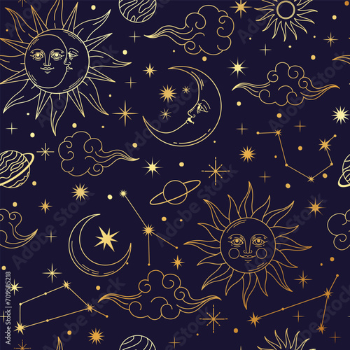 Magic astrology seamless pattern. Art cosmic space background with sun, moon, star, planet and constellations. Decorative galaxy celestial esoteric elements. Vector print