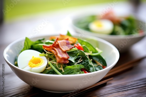 chilled bowl of spinach salad with bacon and hard-boiled egg slices