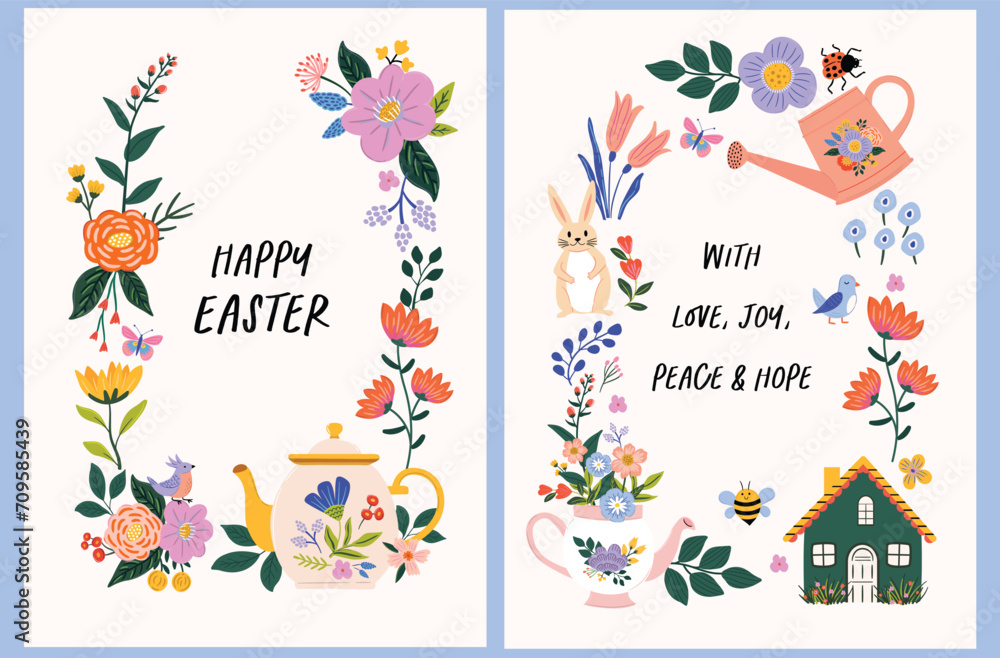 Happy Easter vector card with spring quote. Pretty, cute hand-drawn design of Spring elements featuring rabbit, eggs, spring flowers, bees. Ready to print template for T-shirt design, greeting card. 