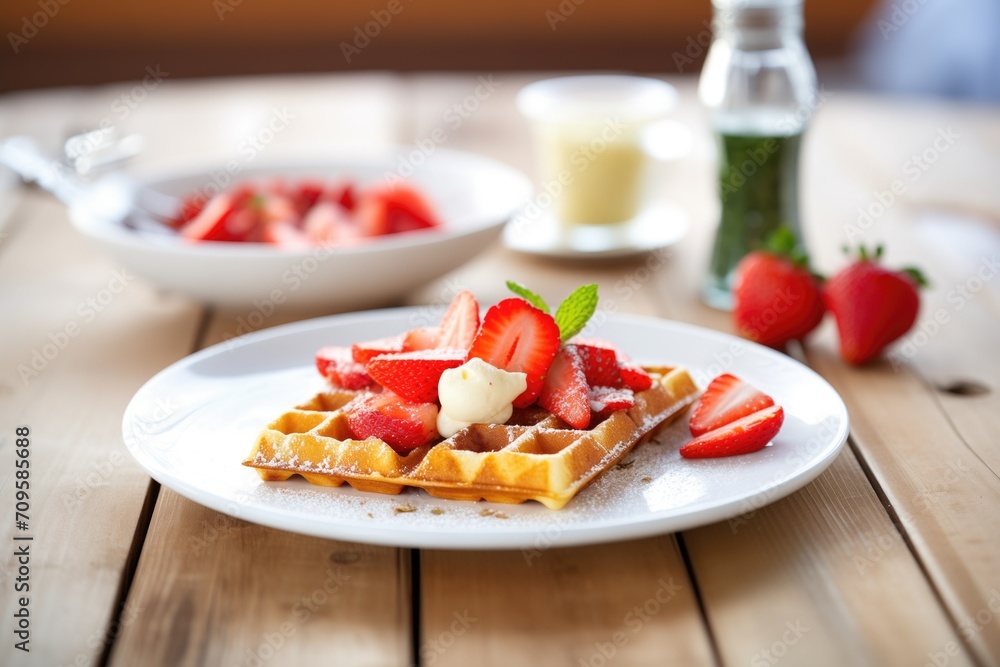 a tray of belgian waffles topped with strawberries a tray of belgian waffles topped with strawberries