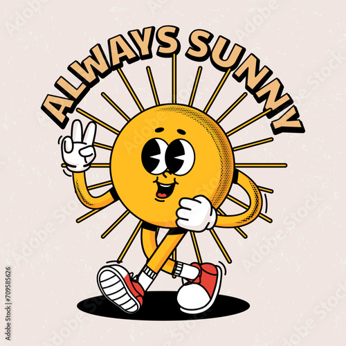 Retro sun character. Comic positive groovy sunny mascot. Funny print with walking yellow sun and lettering for poster, banner. Trendy sticker, vector illustration