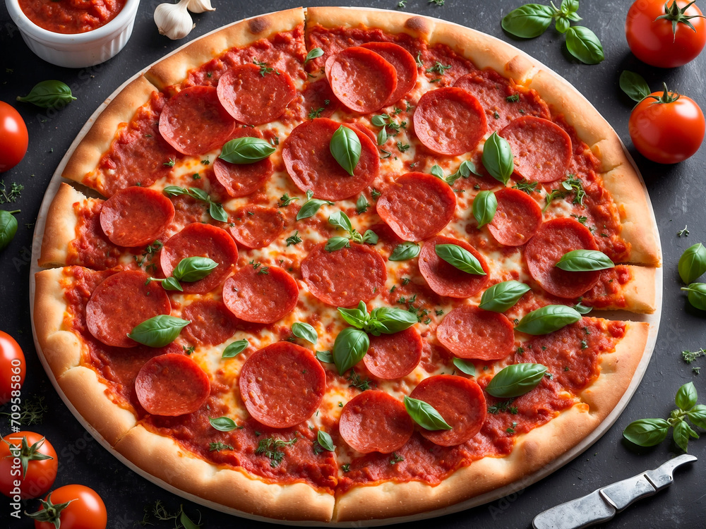 Colorful and bright pepperoni pizza with a thin crispy crust, covered with juicy tomato sauce, spicy slices of pepperoni and a pinch of fragrant oregano. Generative AI
