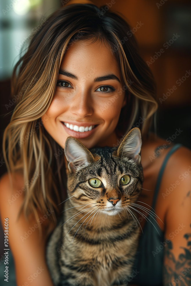 Smiling Woman with a Tabby Cat