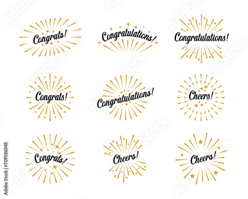 Congratulations calligraphy. Congrats lettering, cheers labels greeting sign with golden sunburst and stars. Handwritten letterings for graduation congrat card vector set