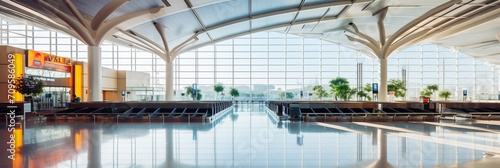 futuristic architecture in modern airport with view through very big windows to the gate