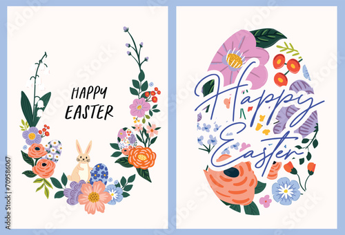 Happy Easter vector card with spring quote. Pretty, cute hand-drawn design of Spring elements featuring rabbit, eggs, spring flowersPrint