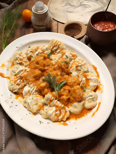 Ravioli With Tomato Sauce, A Plate Of Food On A Table