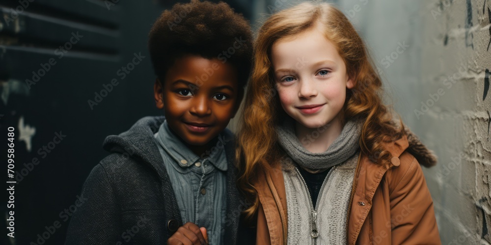 Portrait of black and white kids in love, they have tender feeling for each other, people with unusual hair and skin color.