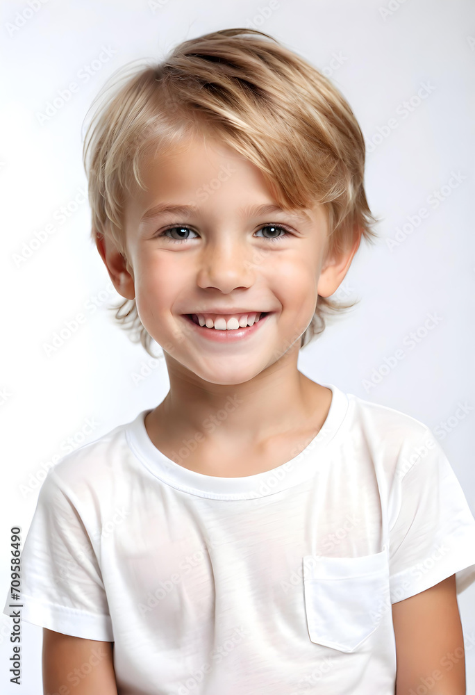 White background photo of professional portrait of cute blond Caucasian boy child model smiling with perfect clean teeth. For advertising, web design, etc. White background photo of professional portrait of cute blond Caucasian boy child model smiling with perfect clean teeth. For advertising, web design, etc.