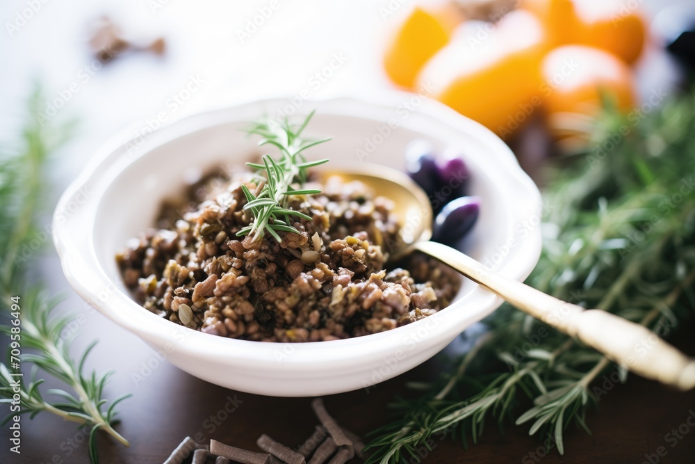 close-up of olive tapenade in a ceramic bowl with a silver spreader close-up of olive tapenade in a ceramic bowl with a silver spreader
