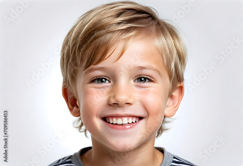 White background photo of professional portrait of cute blond Caucasian boy child model smiling with perfect clean teeth. For advertising, web design, etc.