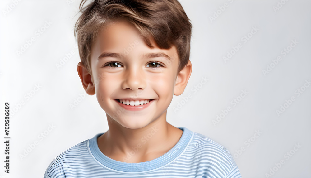 White background photo of professional portrait of cute blond Caucasian boy child model smiling with perfect clean teeth. For advertising, web design, etc. White background photo of professional portrait of cute blond Caucasian boy child model smiling with perfect clean teeth. For advertising, web design, etc.