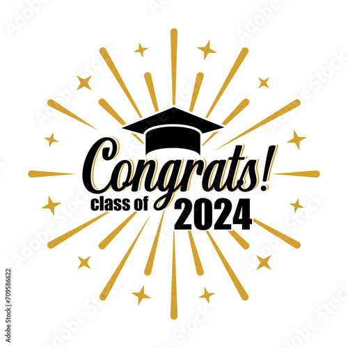 Graduation class of 2024 party. Congratulations greeting card with lettering, academic cap and firework. Ceremony vector banner for university, high school and college