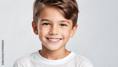 White background photo of professional portrait of cute blond Caucasian boy child model smiling with perfect clean teeth. For advertising, web design, etc.