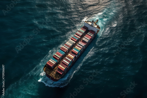 Aerial View Of Container Cargo Ship, A Ship With Containers On The Water