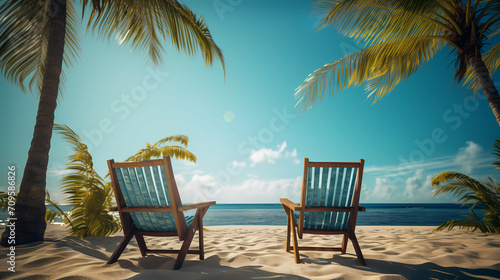 On A Sunny Beach With A Palm Tree, Two Chairs On A Beach © netsign