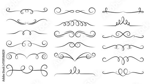 Decorative swirls dividers. Flourish line border ornament, filigree decor element. Vintage frame, header text separator. Calligraphic Victorian art vector set