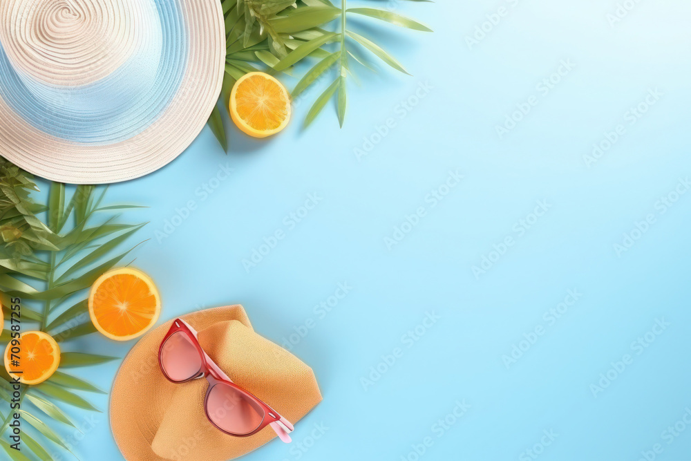 summer travel vacation background, flat lay, top view, copy space, space for text, gentle minimalistic