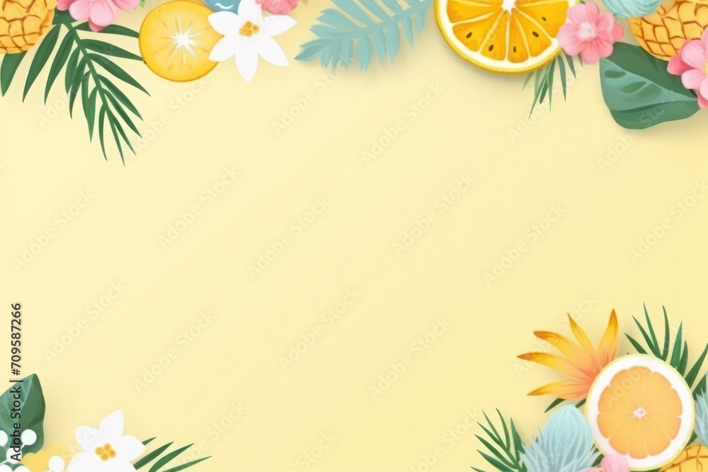 summer tropic travel vacation background, flat lay, top view, copy space, space for text, gentle minimalistic background