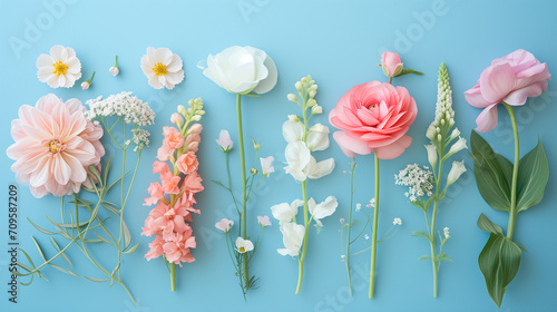 knolling flowers on a blue background, ai