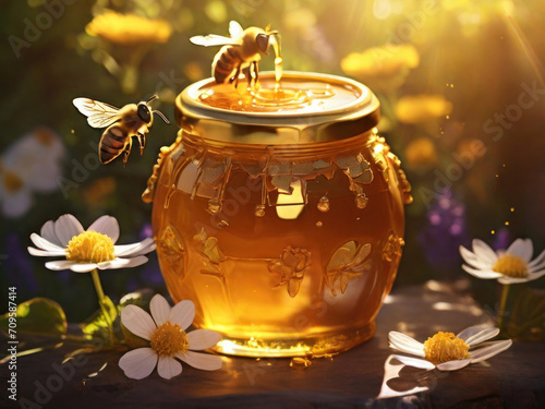 jar with honey and flying bees against the backdrop of spring blooming flowers and the sun, a nice gentle spring