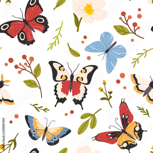 Butterfly seamless pattern. Cute flying butterflies and spring flowers with leaves  colorful fluttering summer moths and wildflowers. Vector texture