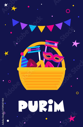 Purim basket, Purim gift basket with foods, wine, gragger and carnival costume accessories on pink, web banner