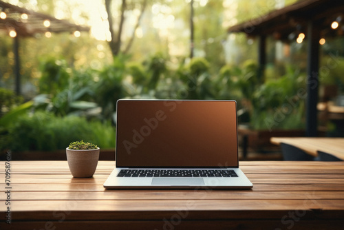 Laptop with blank screen on wooden table in coffee shop. Mock up