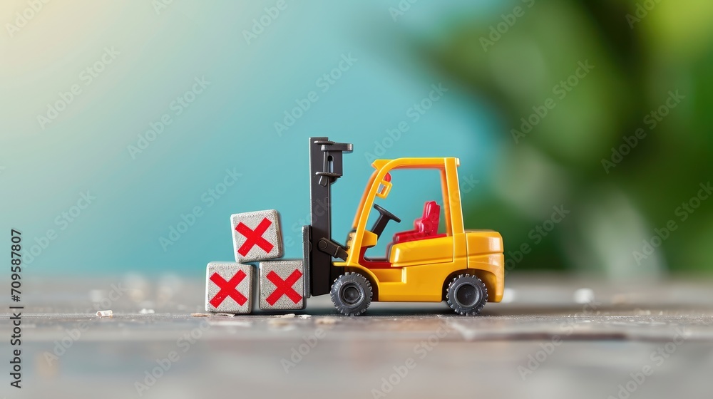 A toy forklift moving cubes with red 'X' marks,  signifying logistics, error correction, problem-solving in a business context