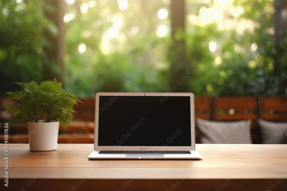 Laptop computer on wooden table in coffee shop with green nature background Laptop computer on wooden table in coffee shop with green nature background