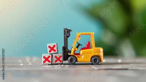 A toy forklift moving cubes with red 'X' marks,  signifying logistics, error correction, problem-solving in a business context
