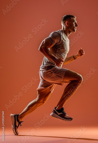 Portrait of young male professional athlete in uniform training running isolated over orange studio background. Maintaining health and strength. Concept of sport, healthy lifestyle, motion, ad.