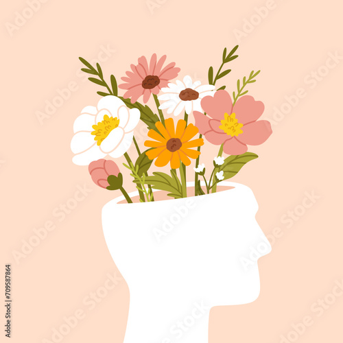 Mental health concept. Happy male head with flowers inside. Positive thinking, self care. Happiness and harmony, calmness and life balance vector illustration