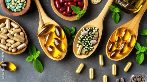 dietary supplements and vitamins in various forms, indicating health, wellness, and nutritional support photo