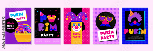 Happy Purim. Jewish holiday background and carnival funfair cards with Carnival masks and traditional Jewish items. happy Purim in Hebrew