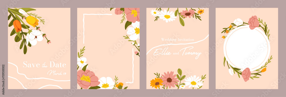 Wedding flower poster. Card with spring flowers for wedding invitation, decorative greeting floral cards with wildflowers bouquet. Vector flyer templates set