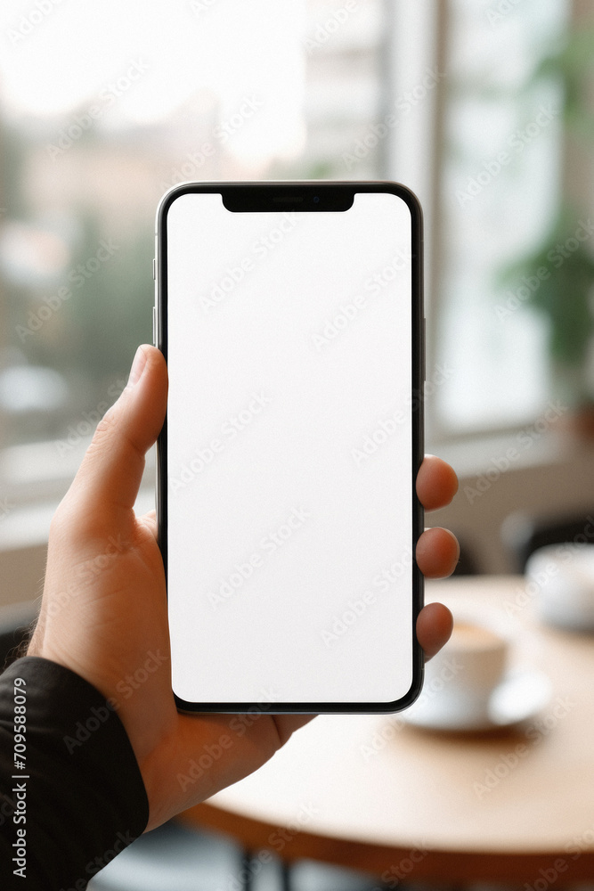 Woman holding smartphone with blank screen in cafe. Mockup Woman holding smartphone with blank screen in cafe. Mockup