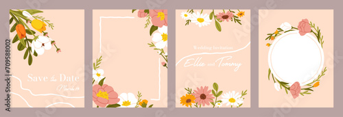 Wedding flower poster. Card with spring flowers for wedding invitation, decorative greeting floral cards with wildflowers bouquet. Vector flyer templates set