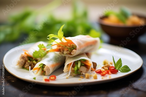 spring rolls with lemongrass chicken slices, fresh herbs on top