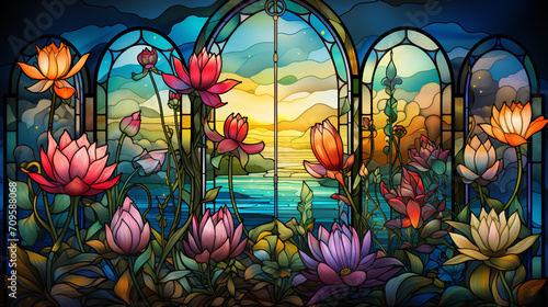 Generative AI. Stained glass art of vibrant lotus flowers amidst green leaves, exuding a serene and mystical aura. photo