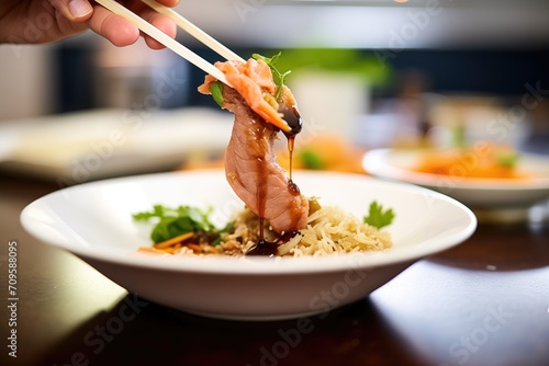 hand dipping spring roll in hoisin sauce with sesame seeds photo