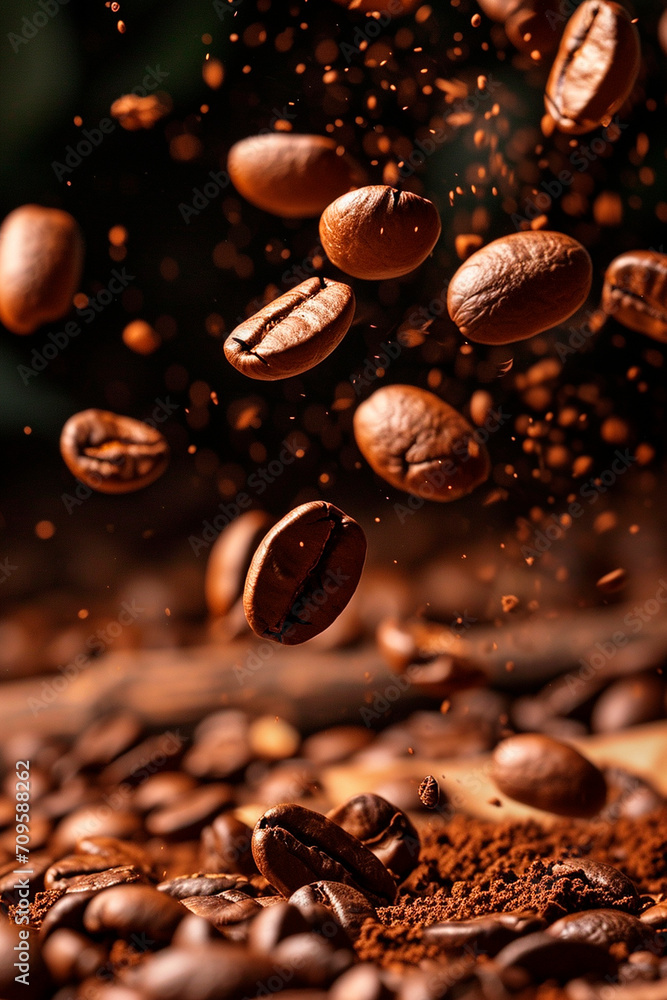 Coffee beans splash fresh. Selective focus. Coffee beans splash fresh. Selective focus.