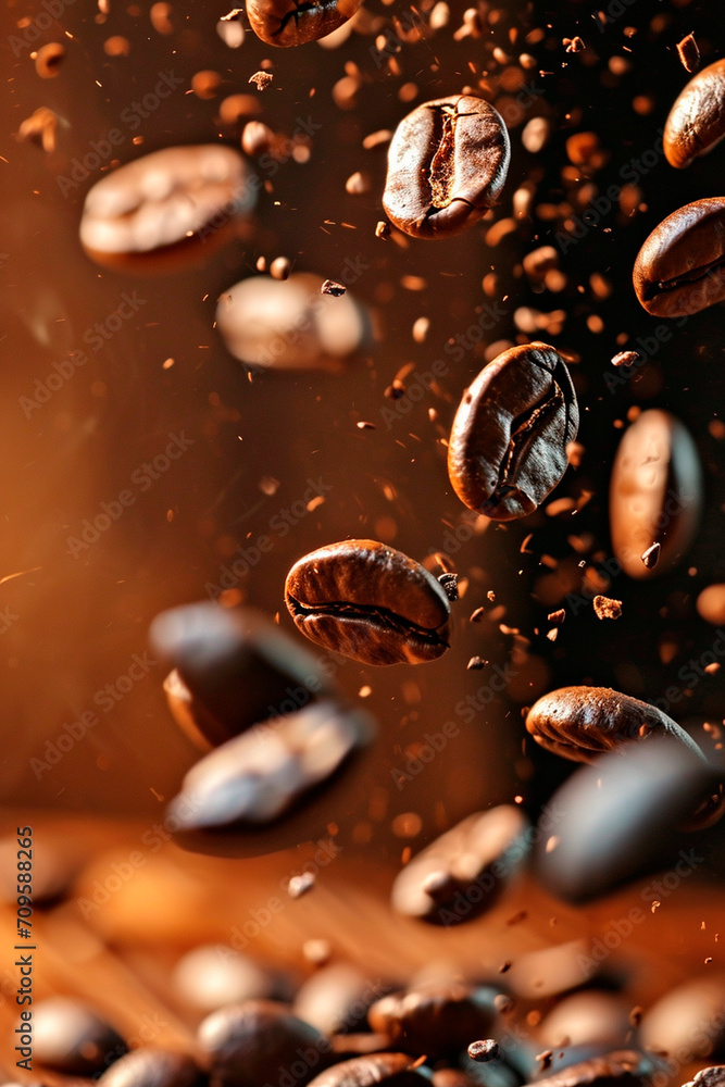 Coffee beans splash fresh. Selective focus. Coffee beans splash fresh. Selective focus.