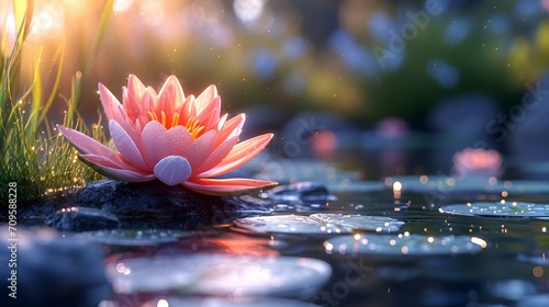 AI generated illustration of a beautiful lotus flower in full bloom surrounded by serene water