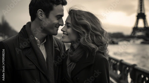 A romantic moment captured in sepia tones, with a couple nose-to-nose, smiling tenderly, with the Eiffel Tower blurred in the background