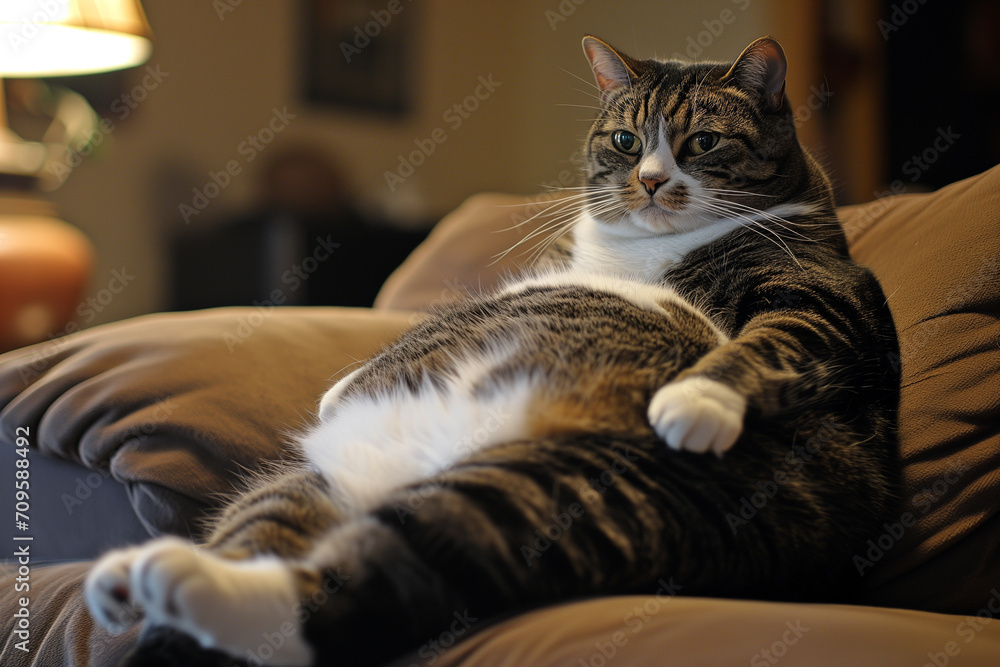 Relaxed Domestic Cat Lounging on Couch