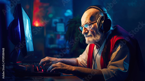 Happy grandpa playing video games on PC. Postproducted generative AI illustration.