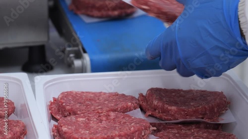 Macchinario per la trasformazione della carne in Hamburger.
Gli hamburger escono dal nastro trasportatore. photo