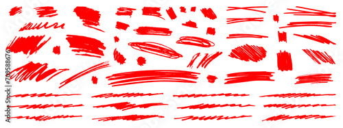 Red vector underlines, marker lines and squiggles. Hand-drawn swooshes, waves, circles, boxes. Freehand pen strokes, scratches, swishes. Paint stroke under lines, scribbles, squiggly grunge splashes photo