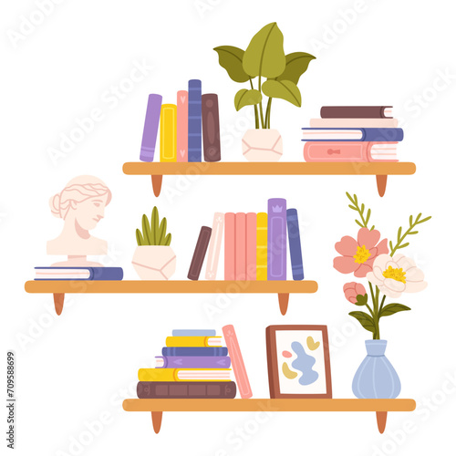 Bookshelf. Bookcase with books houseplants, picture and statuette. Bookshelves with kids literature, fairy tales, encyclopedia. Cartoon reading and education vector concept